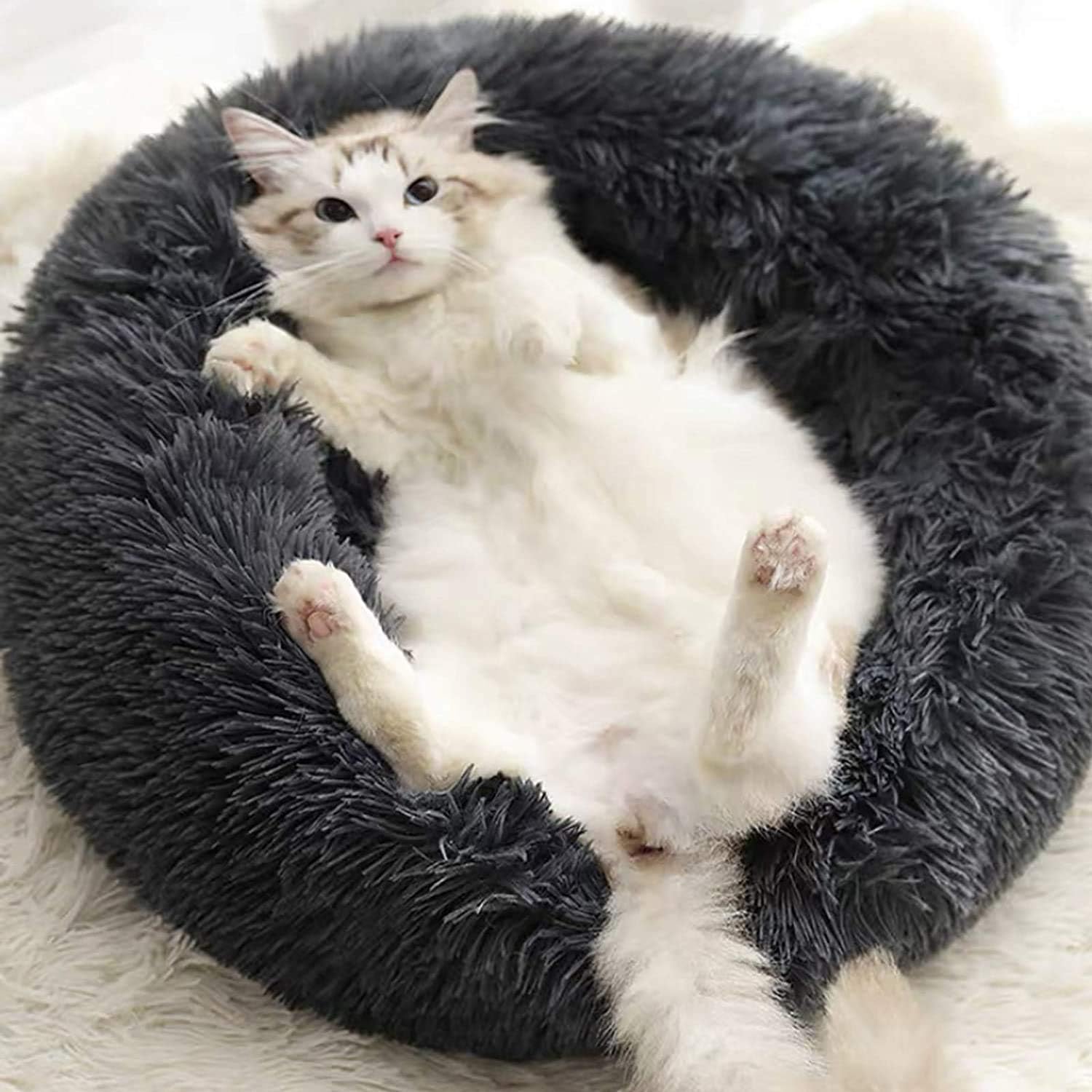 MFOX Calming Dog Bed Cat Bed Donut, Faux Fur | PetNestUK