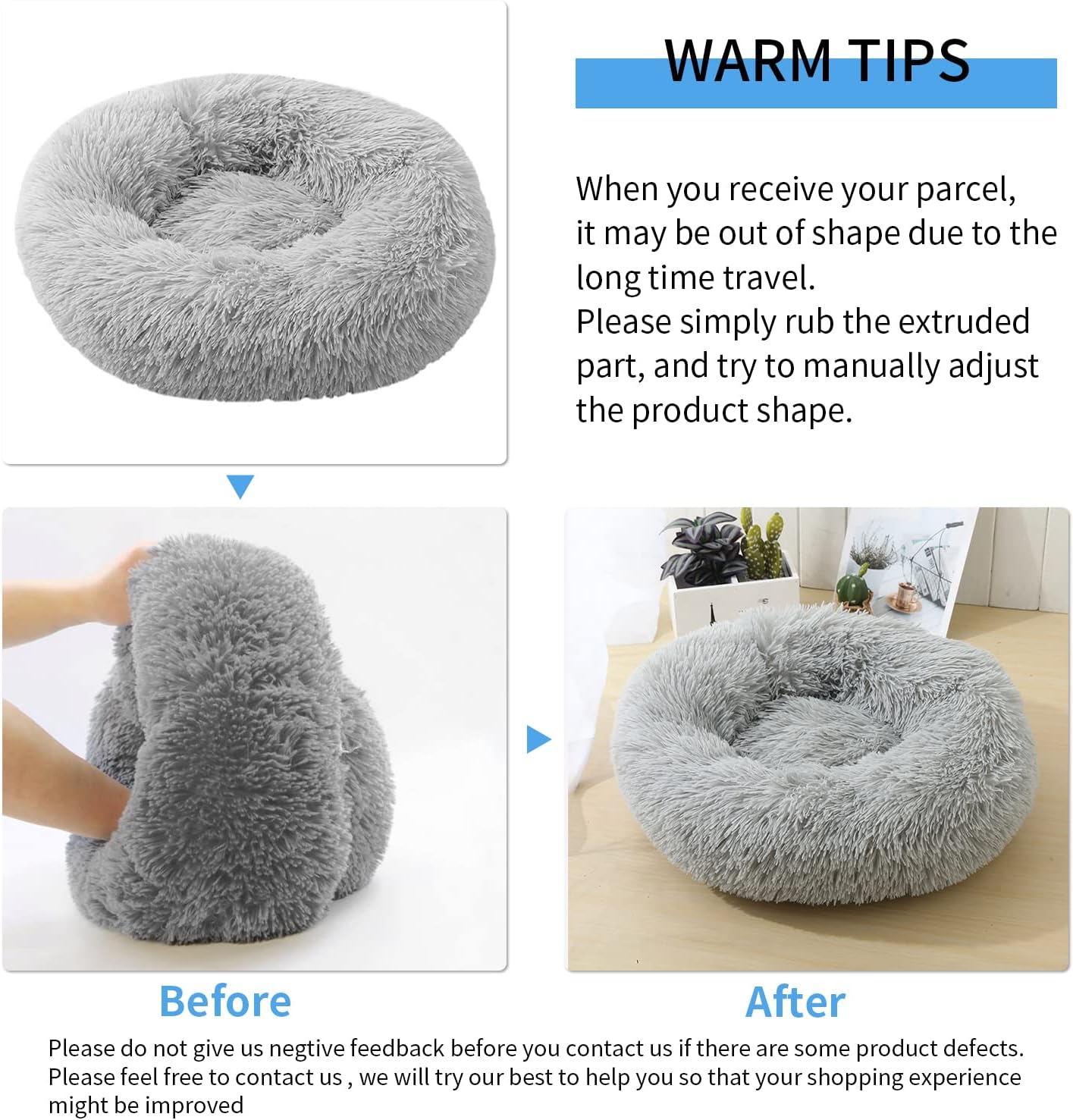 UUEMB 50cm Calming Dog Cat Bed, Plush Donut Pets | PetNestUK