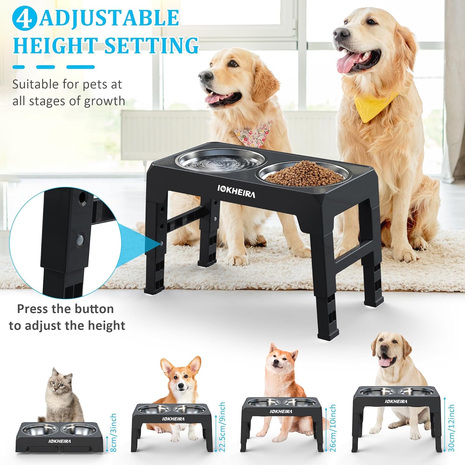 IOKHEIRA Dog Bowls with Stand,4 Heights | PetNestUK